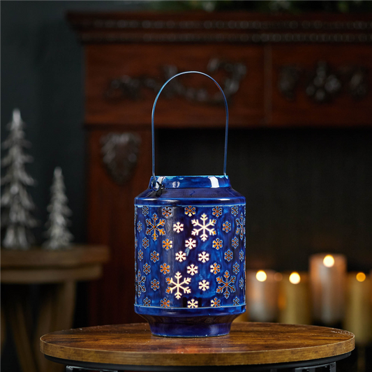 Snowflake Punched Metal Candle Lantern 9.5"H -Ship Only