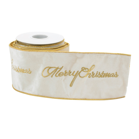 Embroidered Merry Christmas Wired Ribbon 4" x 5 Yds. -Ship Only