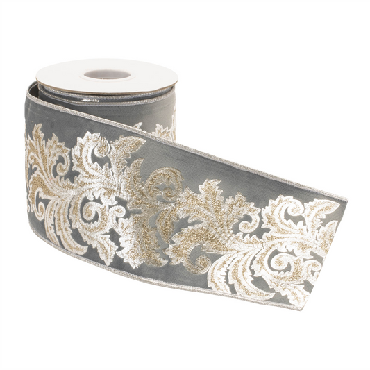 Embroidered Damask Wired Ribbon 4" x 5 Yds. -Ship Only