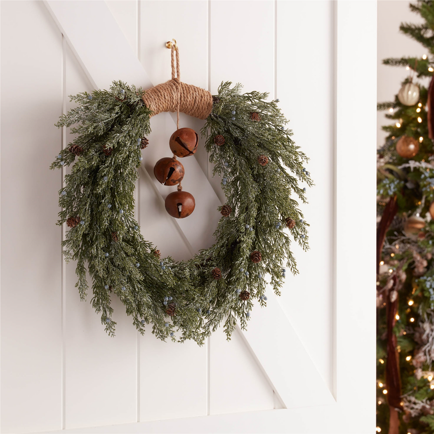 Glittered Pine with Sleigh Bell Wreath 22"D