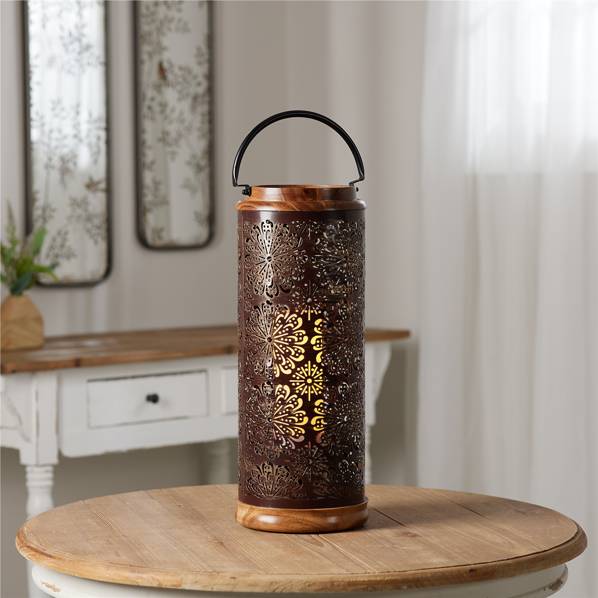 Punched Metal Lantern with Natural Wood Accents 19"H -Ship Only