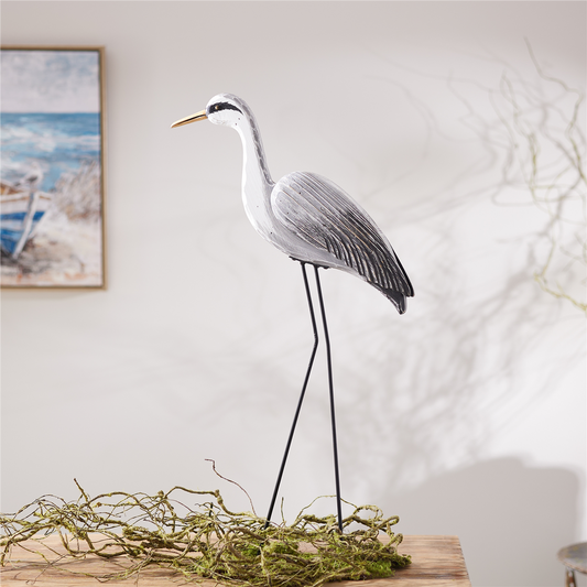Paulownia Wood Heron Bird Statue with Metal Legs Base 29.5"H -Ship Only
