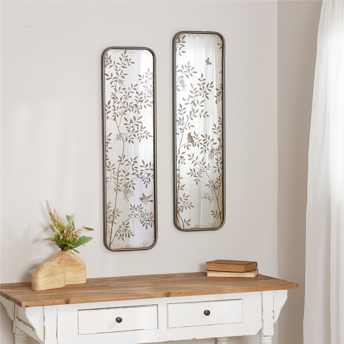 Wall Mirror with Bird and Floral Foliage Print (Set of 2) -Ship Only