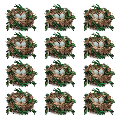Twig Bird Nest with Eggs and Boxwood Foliage (Set of 12)