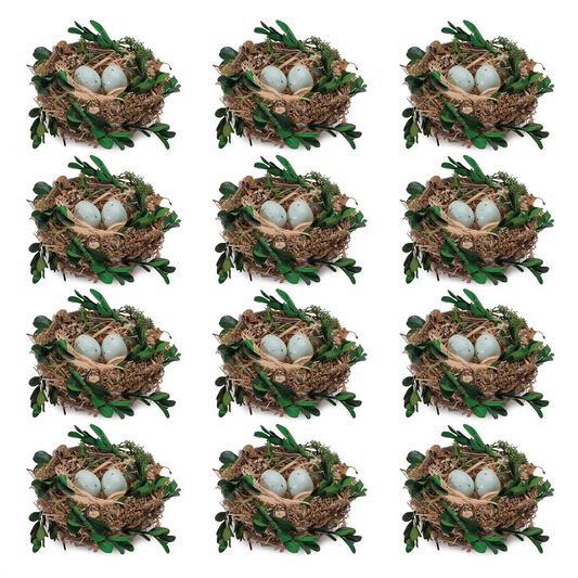 Twig Bird Nest with Eggs and Boxwood Foliage (Set of 12) -Ship Only