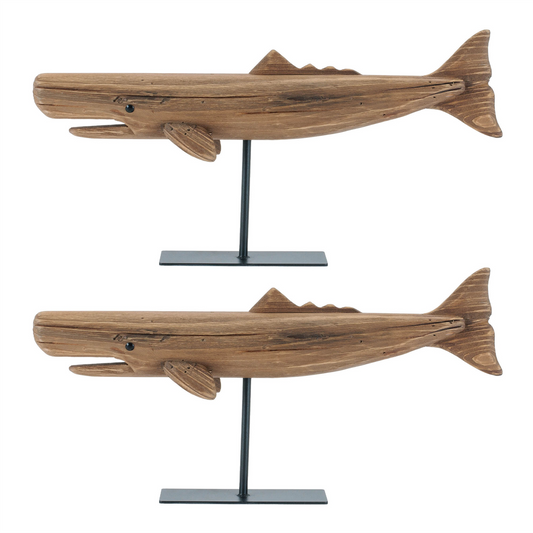Pine Wood Whale Sculpture (Set of 2) -Ship Only