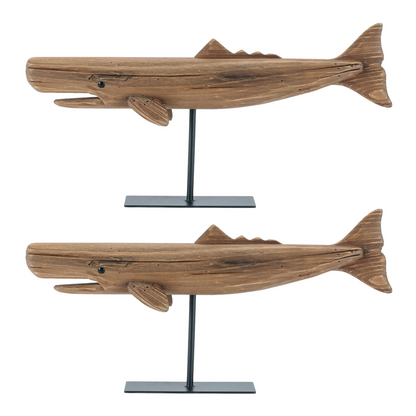 Pine Wood Whale Sculpture (Set of 2)