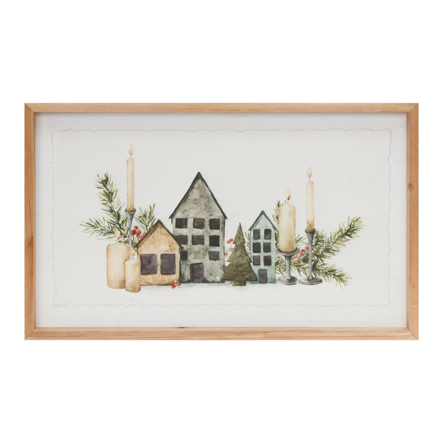 Wood Framed Winter Village Mantlescape Print 19"L -Ship Only