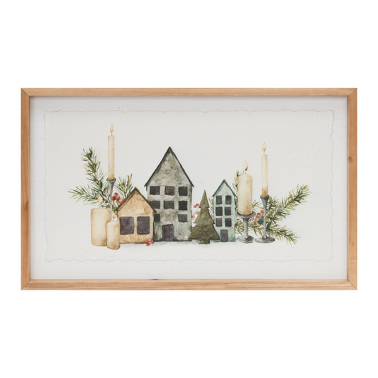 Wood Framed Winter Village Mantlescape Print 19"L -Ship Only