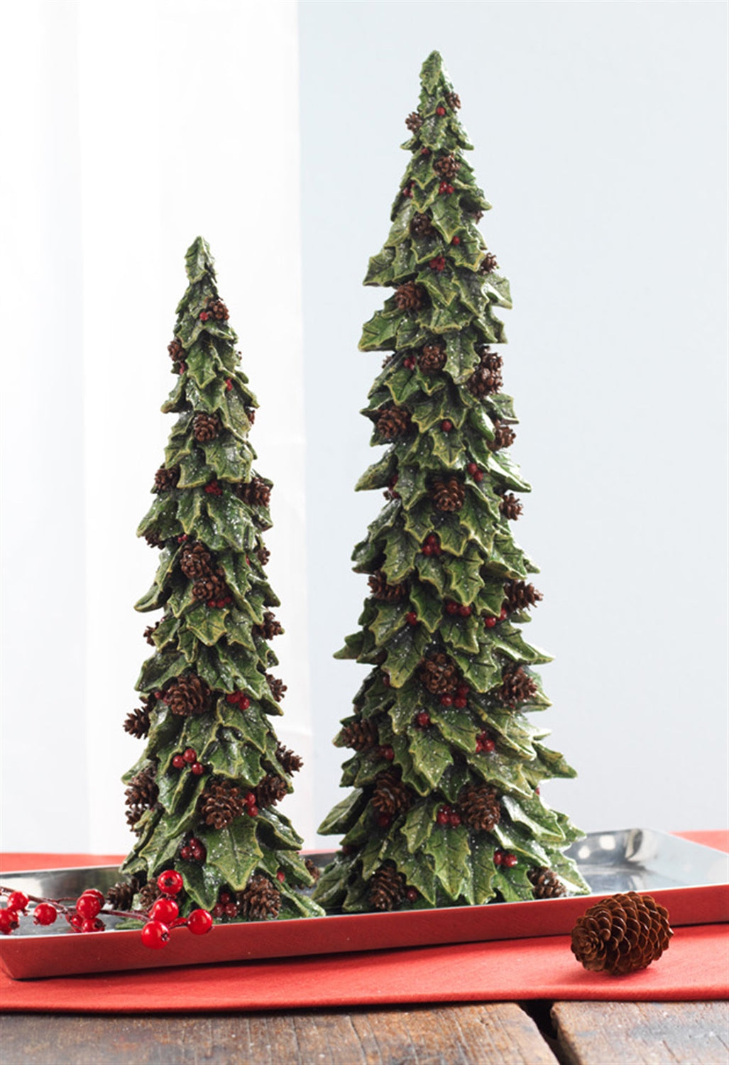 Holly Leaf Holiday Trees with Pinecone Accents (Set of 2) -Ship Only
