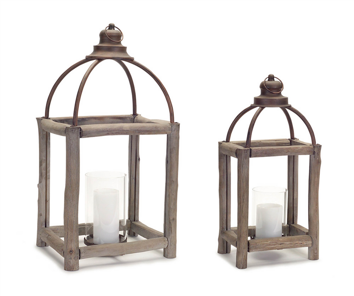Rustic Wood Log and Antique Metal Lantern with Glass Hurricane (Set of 2) -Ship Only