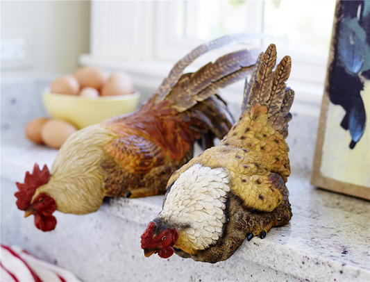 Hen and Rooster Shelf Sitter with Metal Accents (Set of 2) -Ship Only