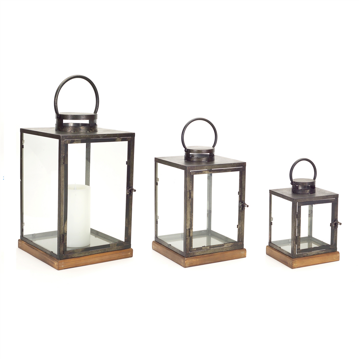 Metal Box Lantern with Wood Base (Set of 3) -Ship Only