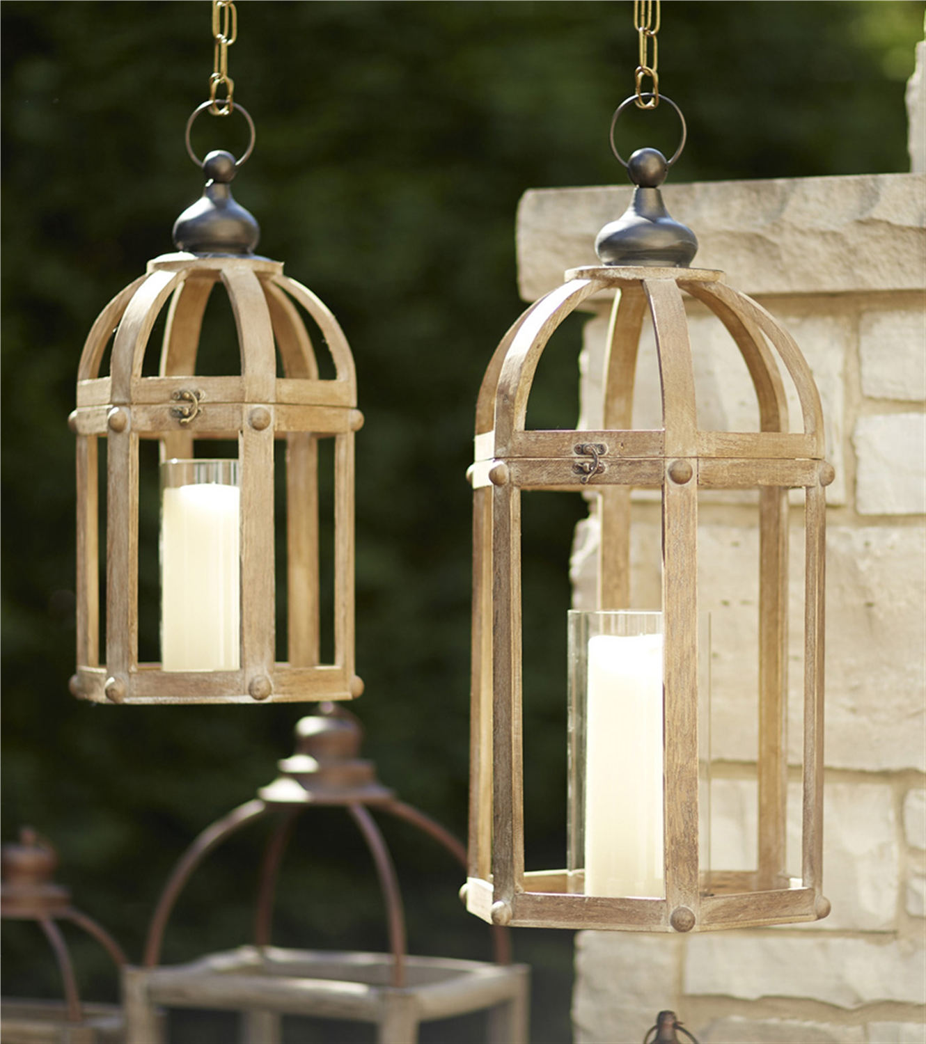 Open Wood Lantern with Glass Hurricane (Set of 2) -Ship Only