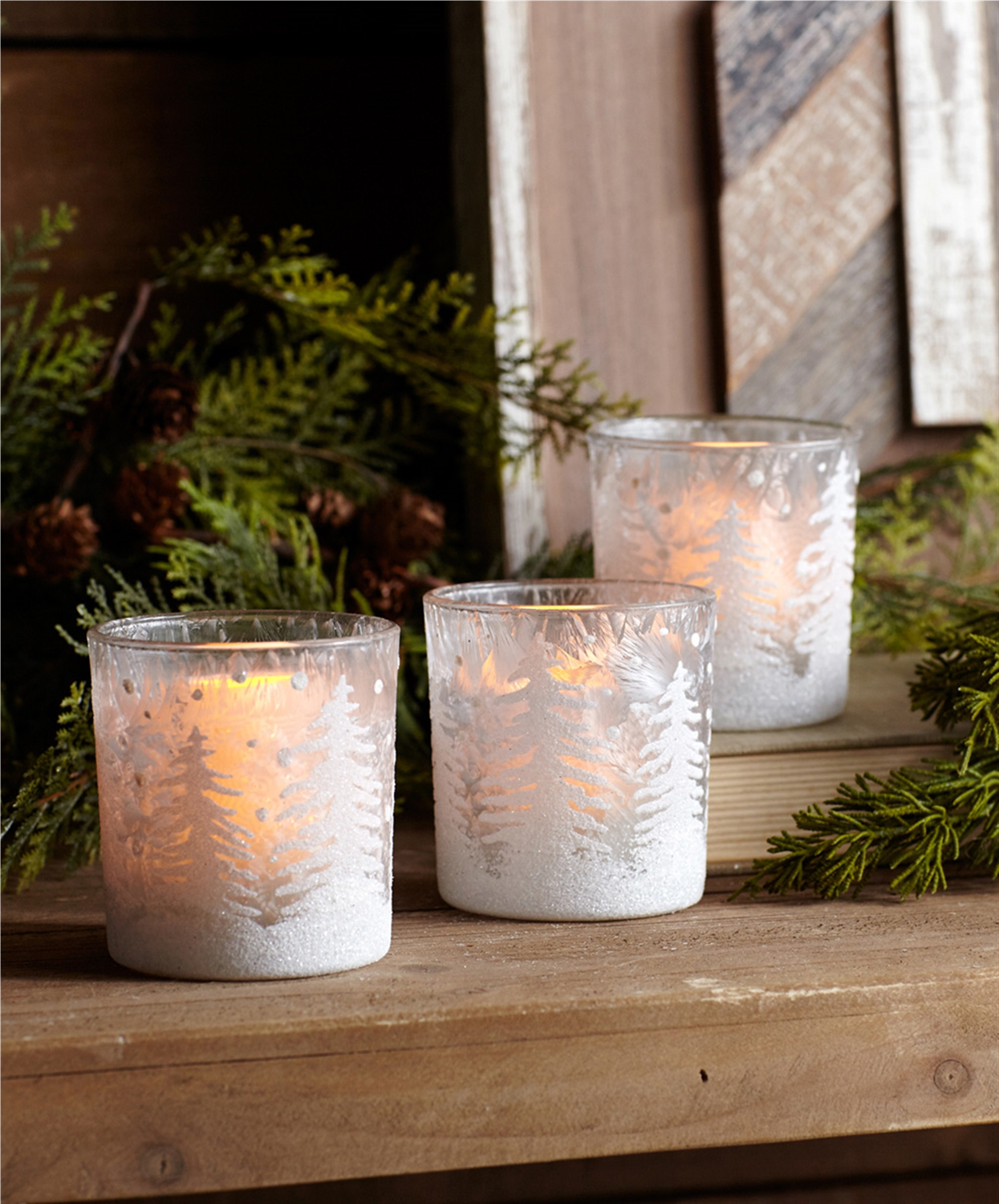 Frosted Votive Candle Holder with Snowy Forest (Set of 12) -Ship Only