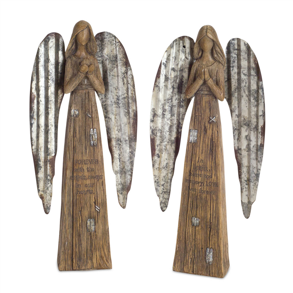 Rustic Wood Sentiment Angel with Galvanized Metal Wings (Set of 2) -Ship Only