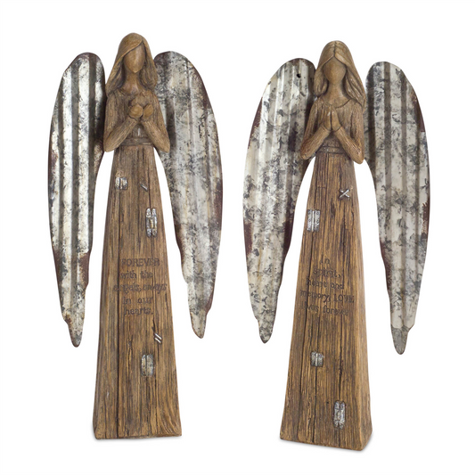 Rustic Wood Sentiment Angel with Galvanized Metal Wings (Set of 2) -Ship Only