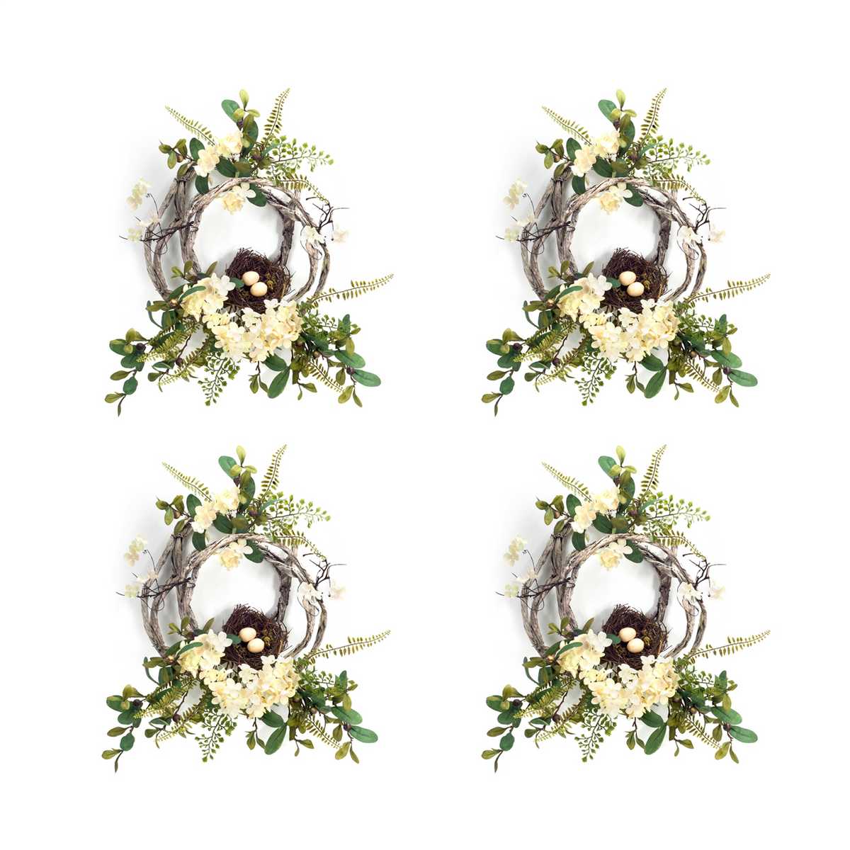 Woven Grapevine Wreath with Hydrangea and Bird Nest Accents (Set of 4) -Ship Only