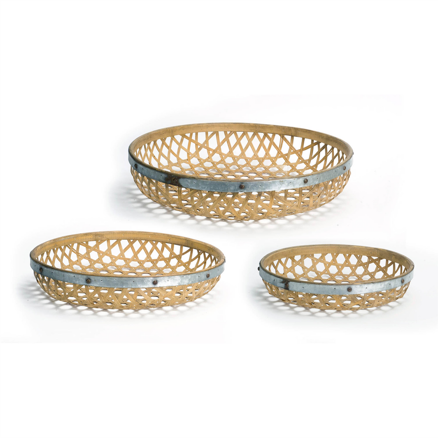 Round Woven Bamboo Tray with Galvanized Metal Accent (Set of 3) -Ship Only