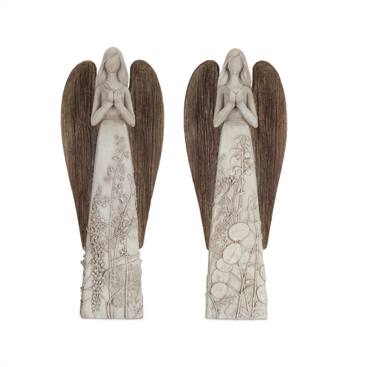 Floral Sculpted Angel with Wood Style Wings (Set of 2) -Ship Only
