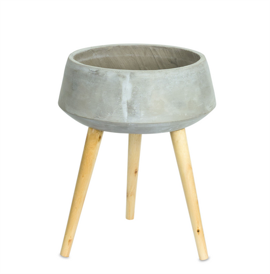 Cement Bowl Planter with Wood Legs 17.5"H -Ship Only