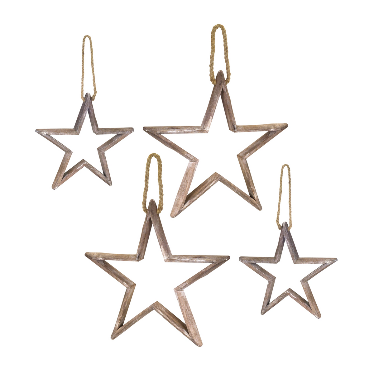 Natural Wooden Star Ornament with Jute Hanger (Set of 4) -Ship Only
