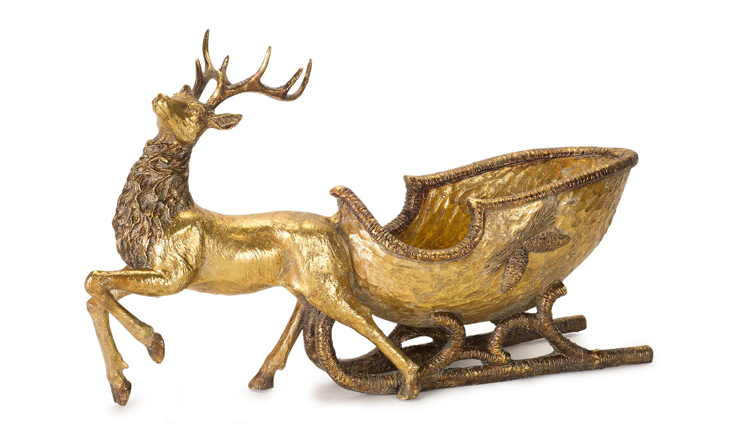 Bronze Metal Deer with Sleigh Display 19"L -Ship Only