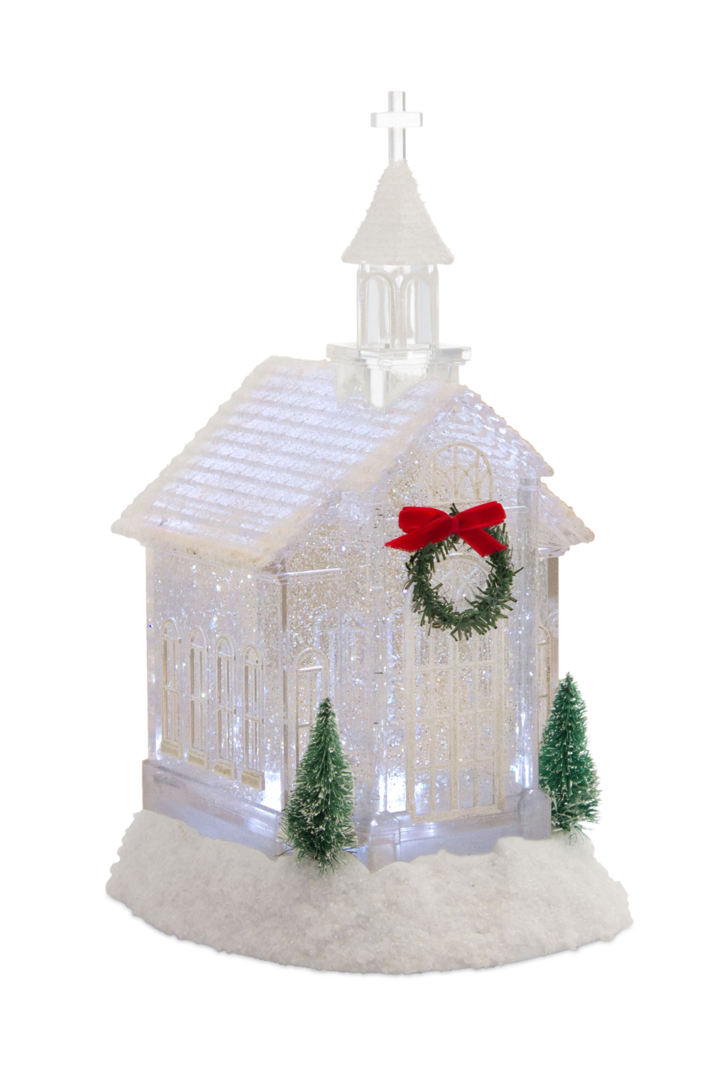 LED Church Snow Globe with Pine Accents 10.5"H -Ship Only