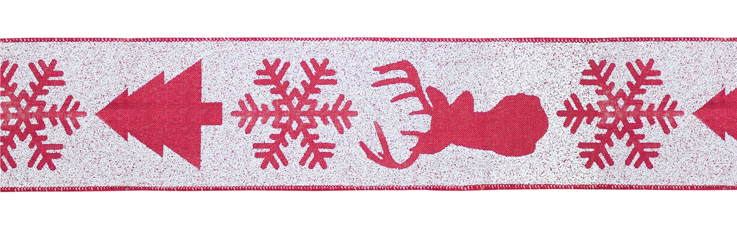 Red and White Deer and Tree Wired Ribbon (Set of 2) -Ship Only