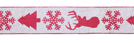 Red and White Deer and Tree Wired Ribbon (Set of 2) -Ship Only