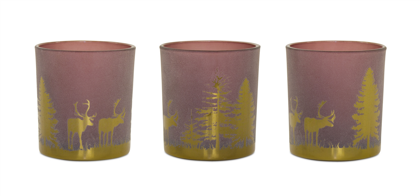 Glass Tea Light Holder with Woodland Scene (Set of 3) -Ship Only