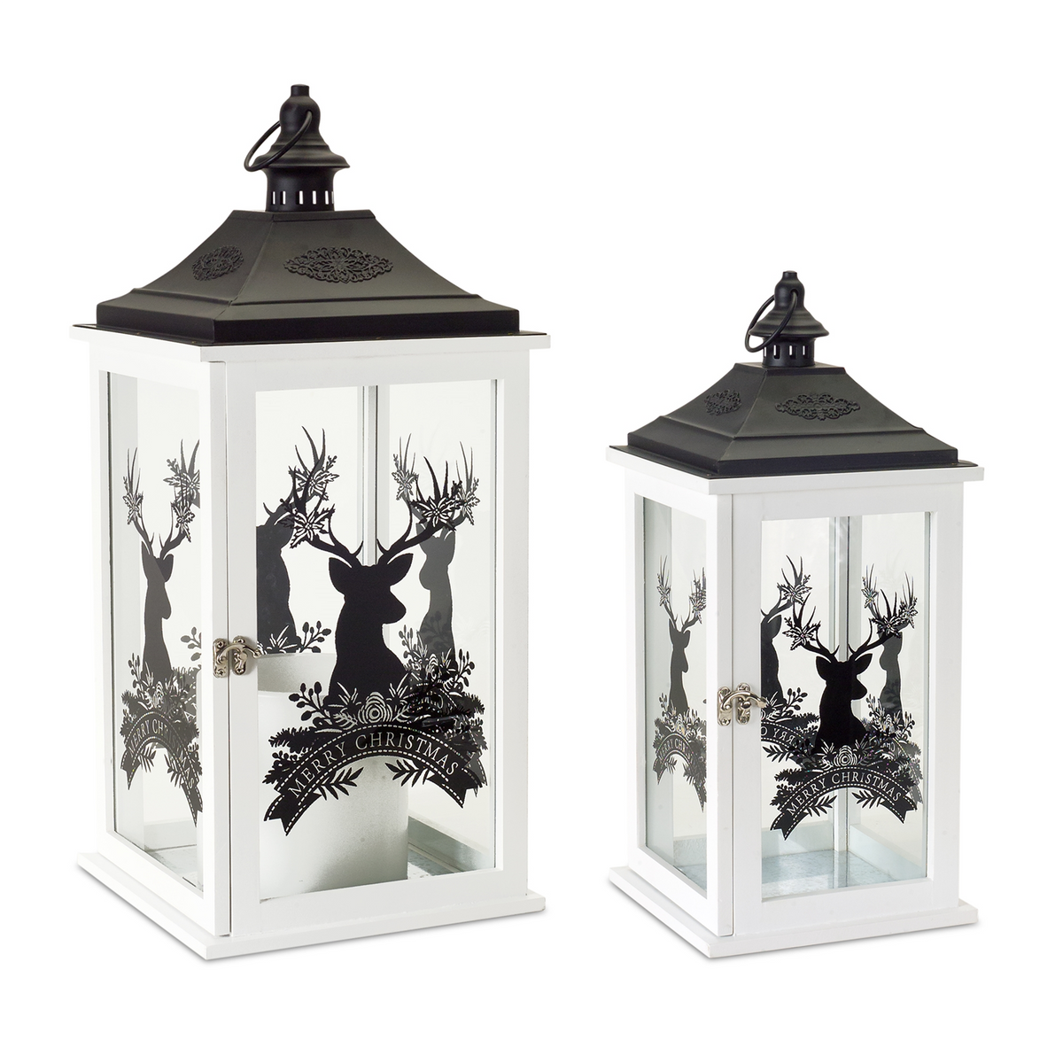 Wood Merry Christmas Lantern with Deer Design (Set of 2) -Ship Only