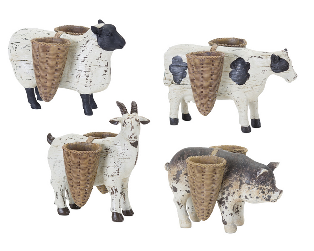 Farm Animal Figurine with Basket Vase (Set of 4) -Ship Only