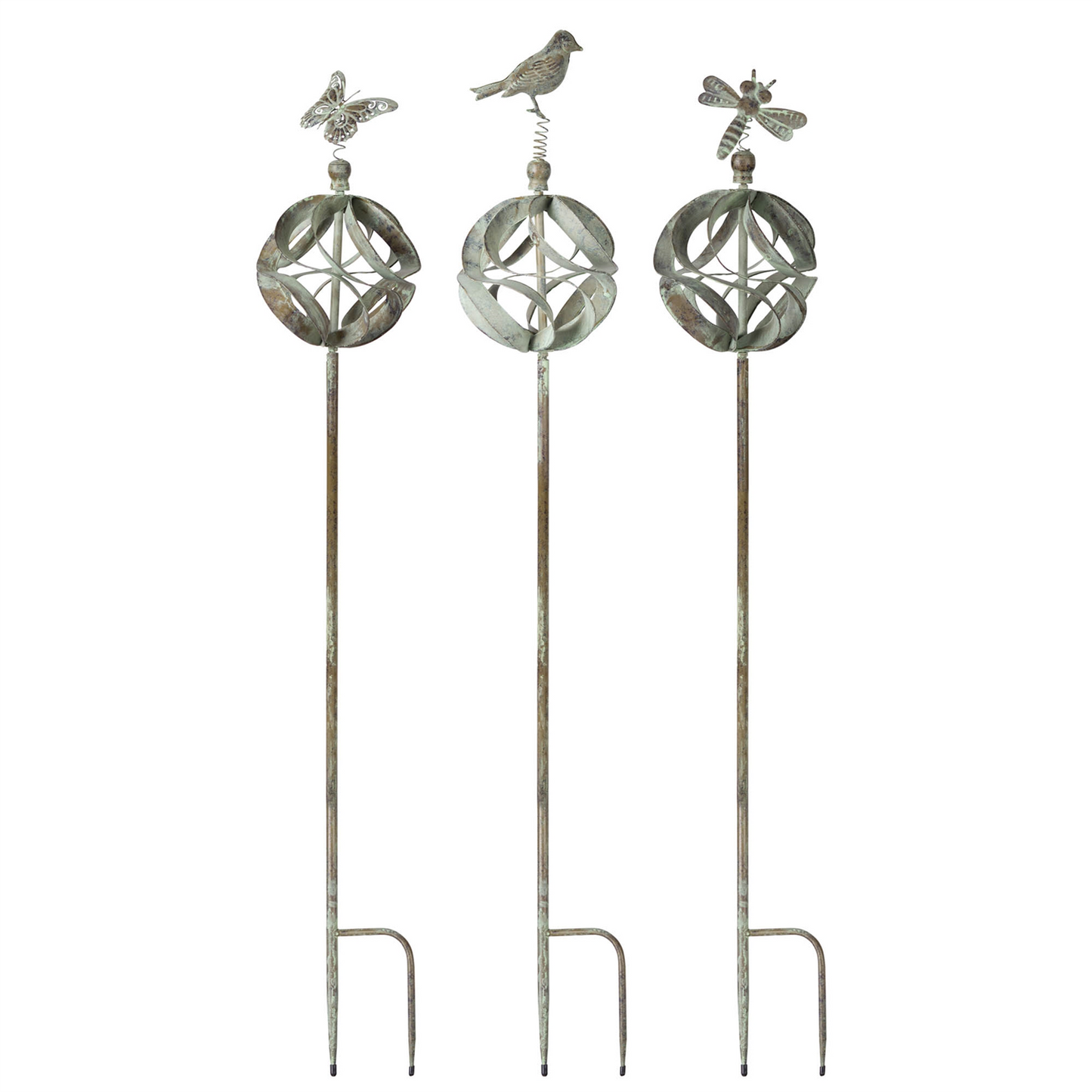 Ornamental Metal Garden Stake with Bird and Insect Accents (Set of 3) -Ship Only