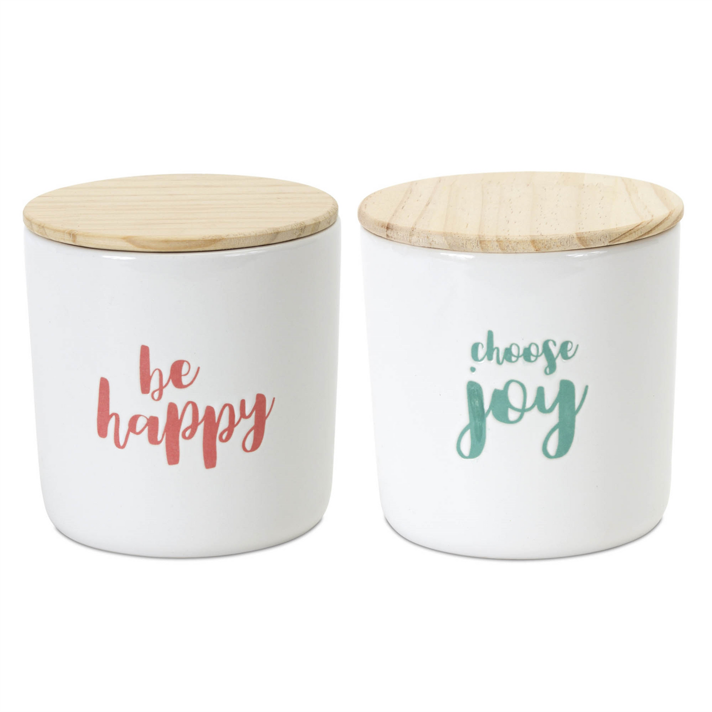 Stoneware Happy Sentiment Canister with Wood Lid (Set of 2) -Ship Only