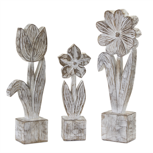 White Washed Potted Floral Sculpture (Set of 3) -Ship Only