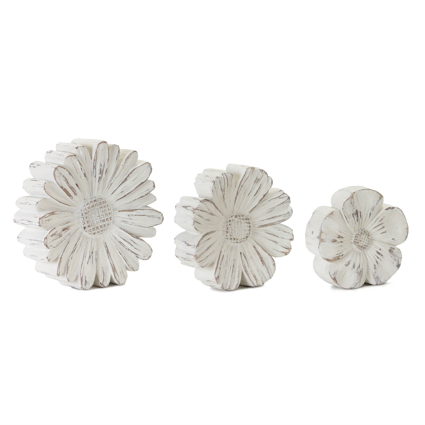 White Washed Stone Flower Decor (Set of 3) -Ship Only