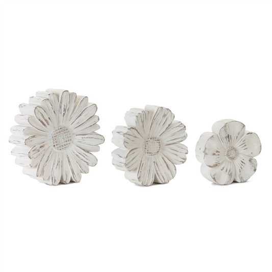 White Washed Stone Flower Decor (Set of 3) -Ship Only