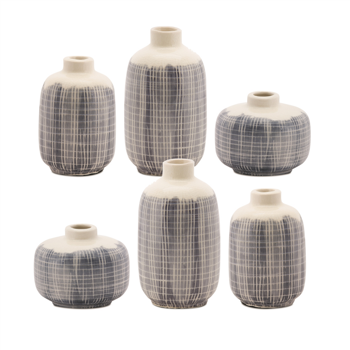 Mini Terra Cotta Bud Vase with Navy Criss Cross Pattern (Set of 6) -Ship Only