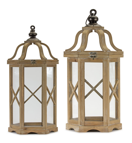 Natural Wood Hexagon Lantern with Curved Top (Set of 2) -Ship Only