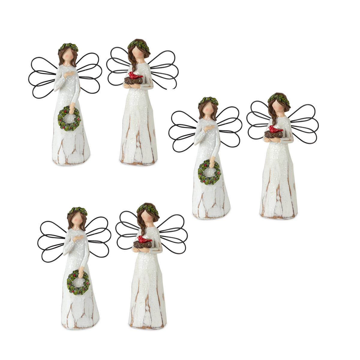 Frosted Winter Angel with Bird and Wreath Accent (Set of 6) -Ship Only