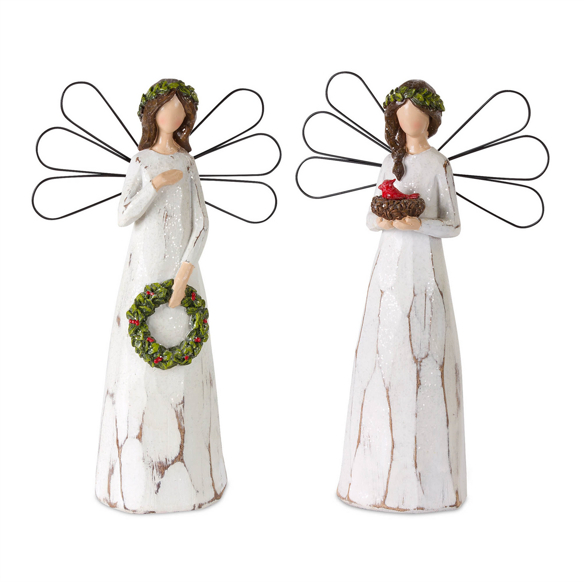 Frosted Winter Angel with Bird and Wreath Accent (Set of 2) -Ship Only