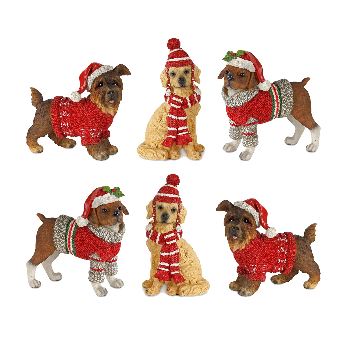 Winter Dog Figurine with Hat and Sweater Accent (Set of 6) -Ship Only