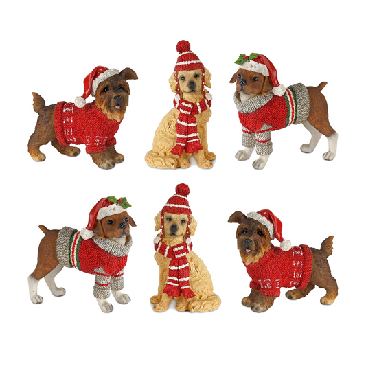Winter Dog Figurine with Hat and Sweater Accent (Set of 6) -Ship Only
