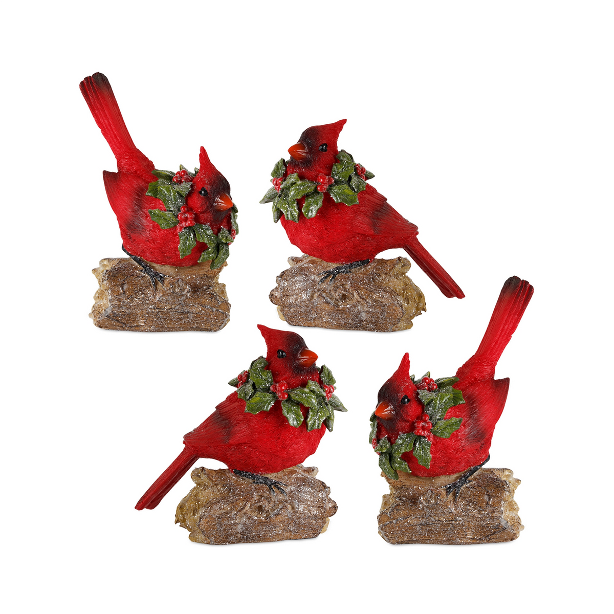 Perched Cardinal Bird on Log with Holly Wreath Accent (Set of 4) -Ship Only
