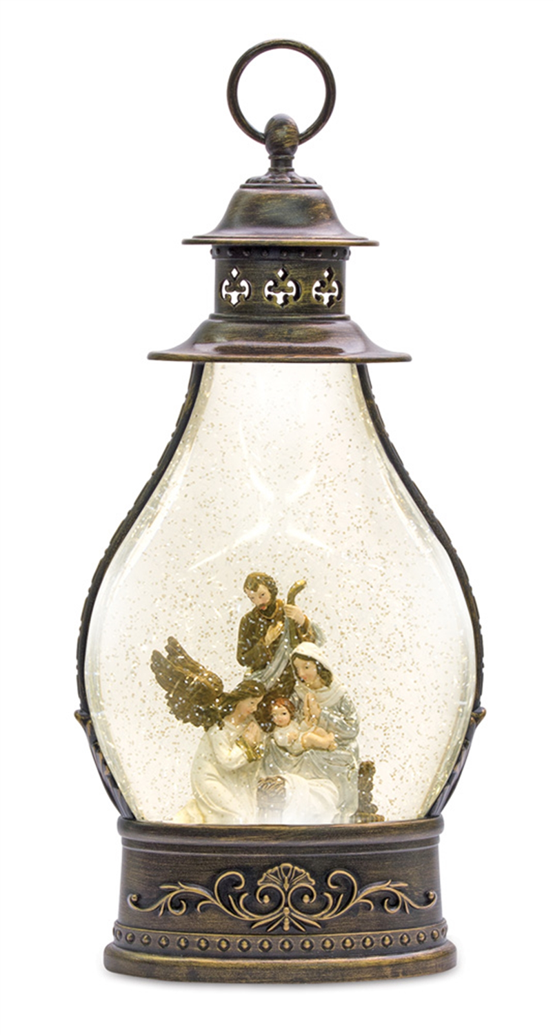 LED Snow Globe Lantern with Holy Family Nativity Scene 15.5"H -Ship Only