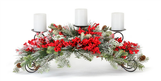 Frosted Pine and Mixed Berry Centerpiece Candle Holder 31"L -Ship Only