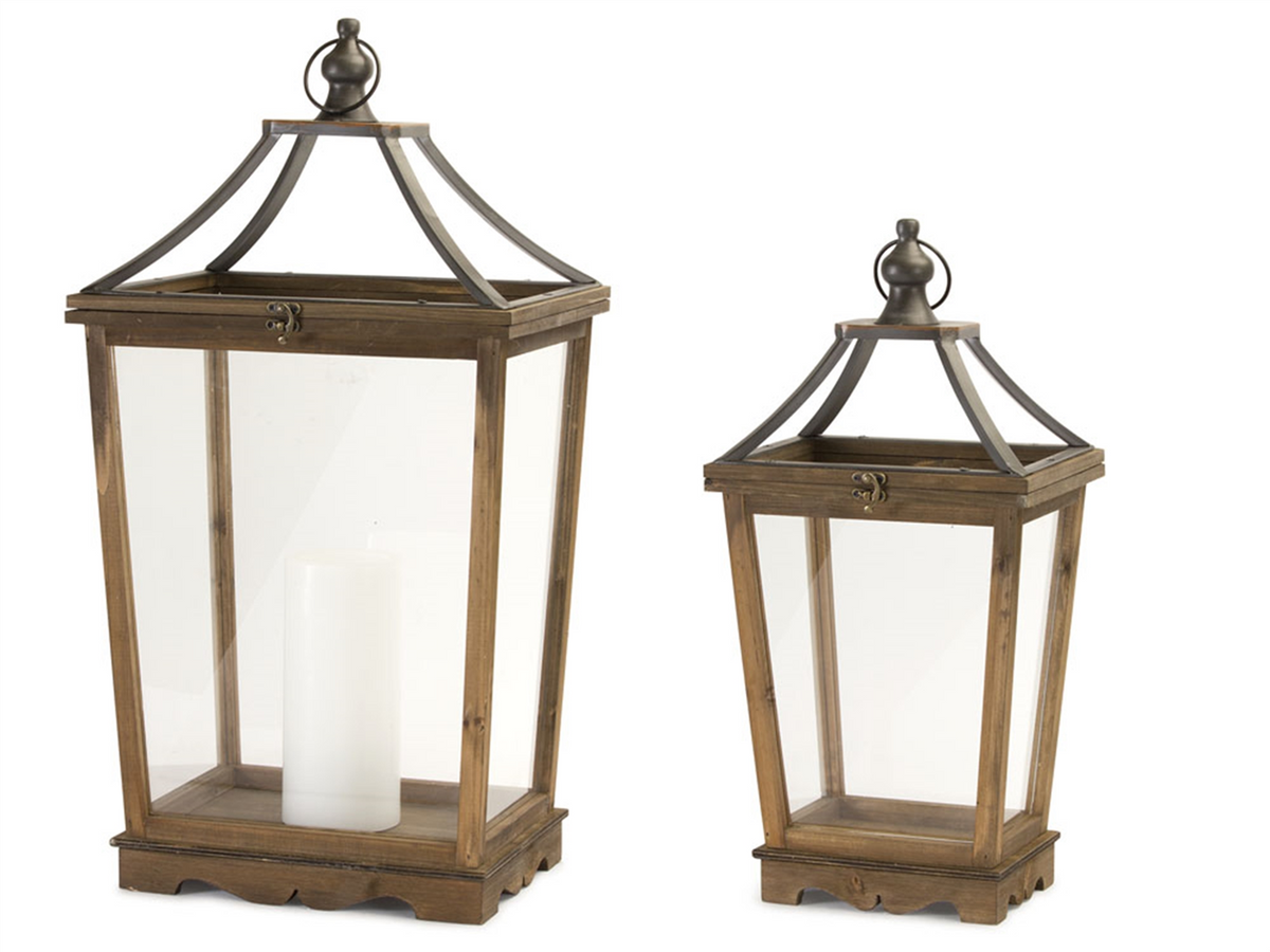 Natural Wooden Lantern with Open Top (Set of 2) -Ship Only