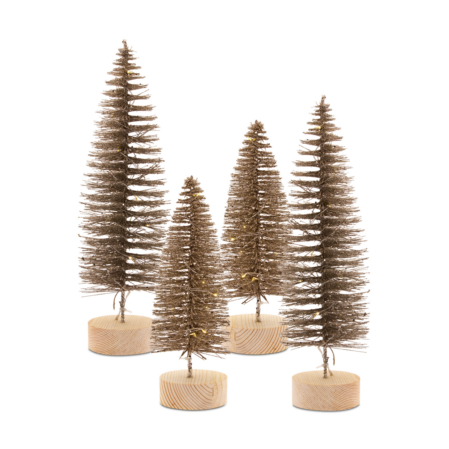 LED Lighted Bronze Bottle Brush Tree with Wood Base (Set of 4) -Ship Only
