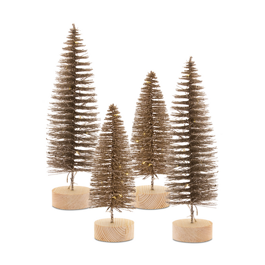LED Lighted Bronze Bottle Brush Tree with Wood Base (Set of 4) -Ship Only